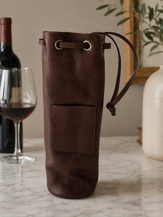 Bellino Clothing Handbags - Bellino Leather Wine Bottle Carrier Brown Drawstring Travel Tote Barware Holder